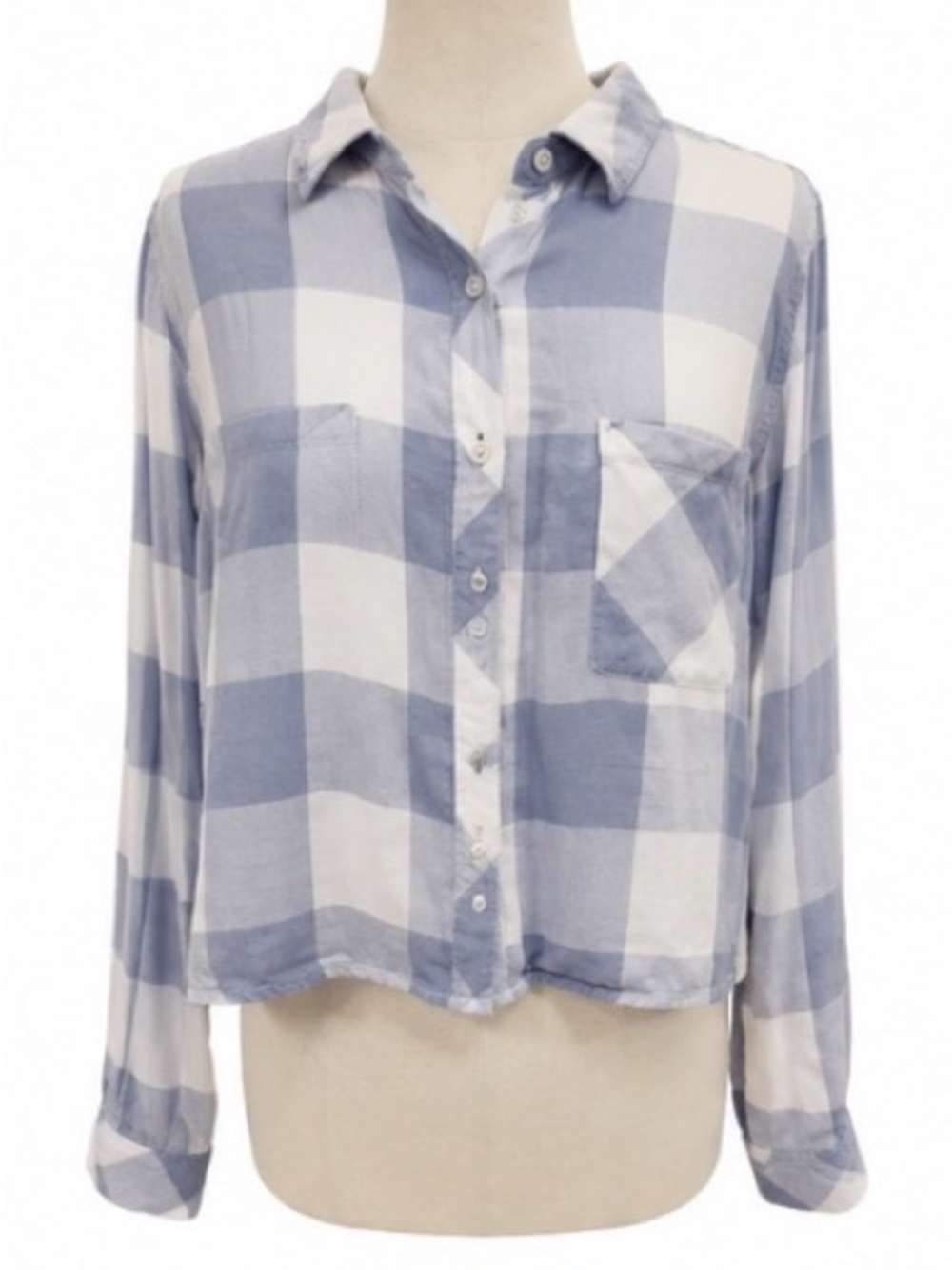 Rails Blue White Buffalo Plaid Cropped Button Front Shirt 100% Rayon Size Medium